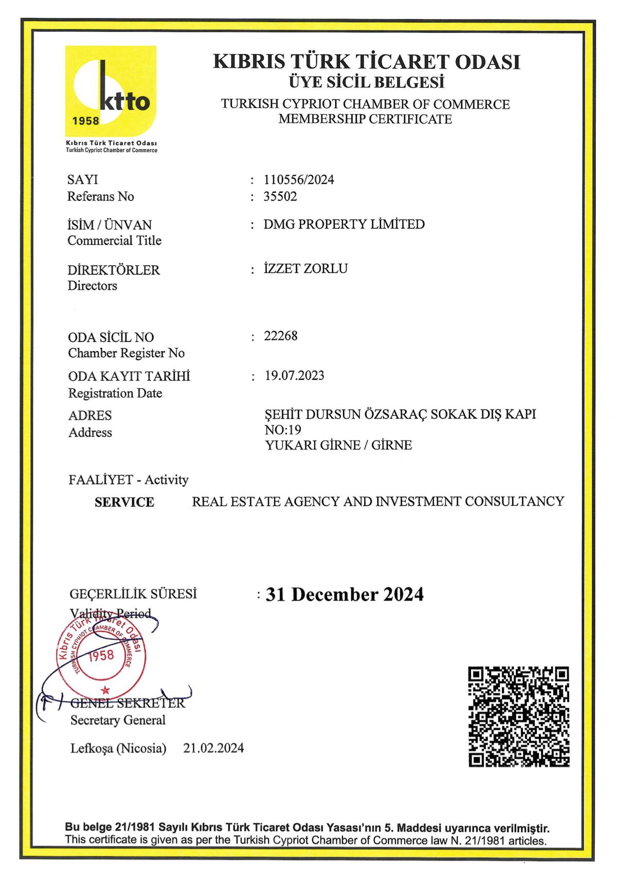 Chamber of Commerce Membership Certificate